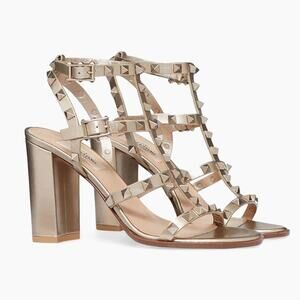 Valentino Garavani Rockstud Caged 90mm Block Heel Sandals Silver Leather Size 39